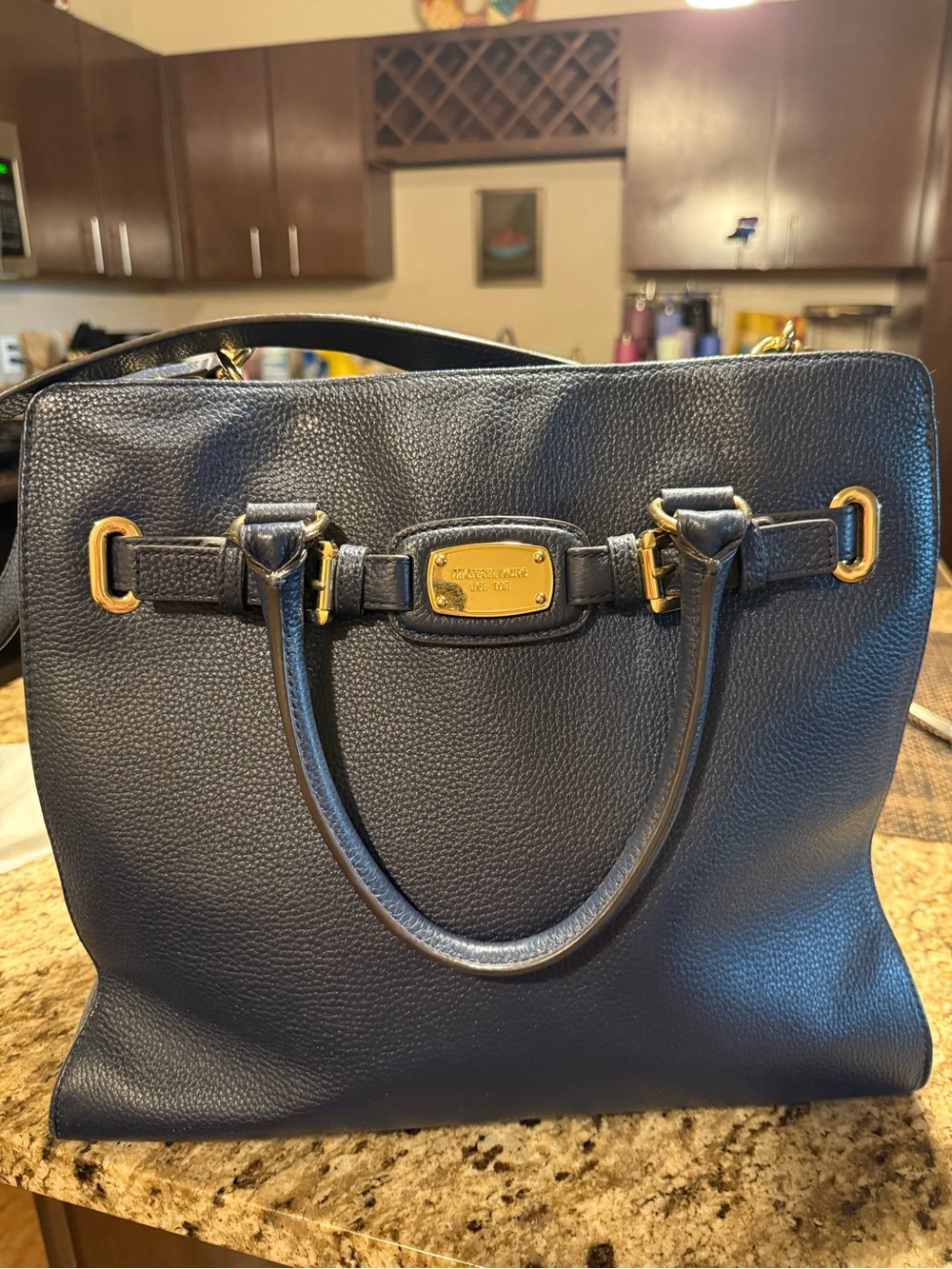 Michael Kors Navy Pebbled Leather Satchel with Gold Accents